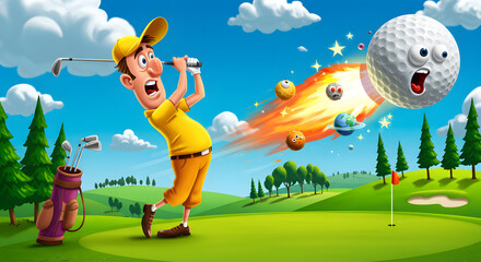 Cartoon Golfer Hitting a Powerful Shot