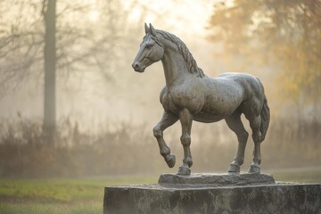 Majestic bronze sculpture of a horse in a misty outdoor setting.