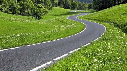Naklejka premium Winding asphalt road curves through a lush green meadow dotted with white wildflowers. Bright sunlight illuminates the scene, creating a peaceful