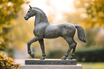 Bronze sculpture of a majestic horse in an outdoor setting.