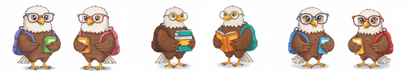 Cartoon Scholarly Eagles: A Study in Knowledge - Five wise eagles, wearing glasses and backpacks, symbolize education, learning, knowledge, wisdom, and achievement. Perfect for educational resources