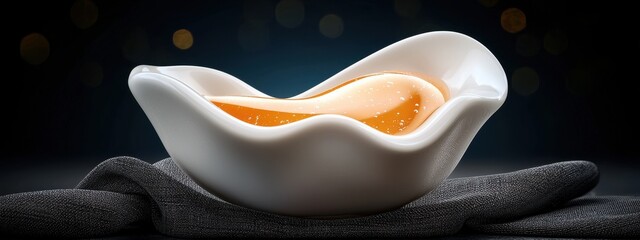 Close up of an amber liquid in a white, wave shaped bowl, resting on a dark, textured surface. Soft, bokeh style lighting creates a luxurious feel