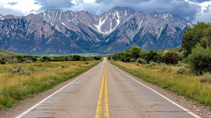 Asphalt road vanishing into the distance towards a majestic snow capped mountain range under a partly cloudy sky. Lush green vegetation flanks the
