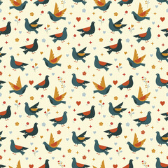 Obraz premium Seamless bird and flower pattern in flat style. Pigeon and floral repeat pattern vector background. Minimal bird pattern with decorative flowers. Colorful pigeon birds seamless texture design