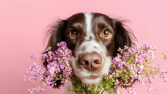 Adorable brown and white springer spaniel peeking over a bouquet of delicate purple flowers against a solid pink studio background.
