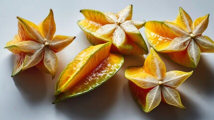 Fototapeta premium Fresh and vibrant starfruit sliced into perfect star shapes on a white surface. Ideal for tropical and exotic food designs, vibrant and healthy fruit photography.