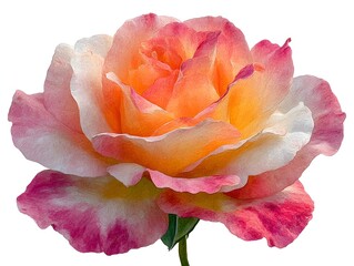 A vibrant peach and pink rose blossom displays its delicate petals against a stark white background showcasing its beauty.