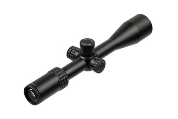 A modern tactical gun scope in black, featuring adjustable turrets, set against a neutral white...