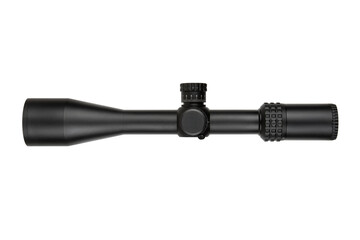 A compact black rifle scope with fine-tuning dials, positioned on a bright white canvas.