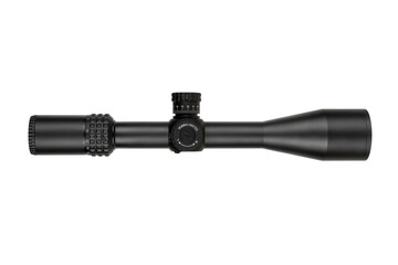A durable black tactical sight with precision dials, isolated against a simple white backdrop.