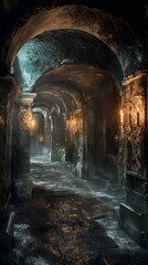 Ancient, gloomy crypt passageway