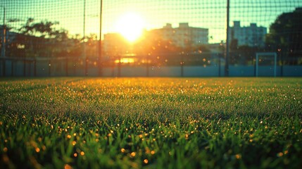 A panoramic view of a soccer field bathed in sunlight,