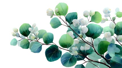 Obraz premium A delicate watercolor painting showcases lush eucalyptus branches with vibrant green leaves and soft white blossoms against a clean white background.