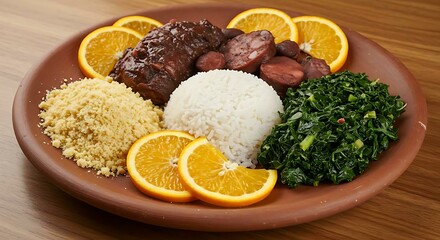 Traditional Brazilian feijoada served with farofa, orange slices, kale and white rice on a rustic plate