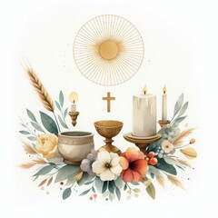 First communion decorations baptism religious celebration watercolor illustration