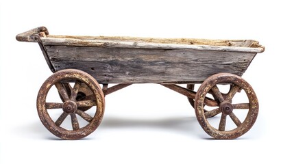 Fototapeta premium Rustic wooden cart with rusty wheels on white background.