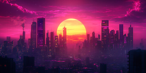 Sunset Cityscape Vibrant Pink and Purple Skyline