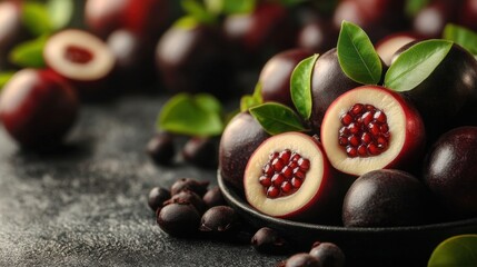 Deep purple fruit halves, showcasing vibrant red seeds inside, nestled amongst fresh leaves, on a dark background