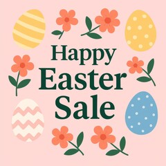 Happy Easter Sale banner with decorated eggs and flowers in pastel colors on pink background for seasonal promotion