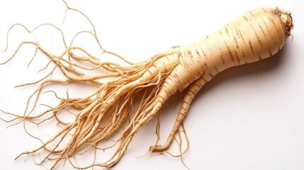 Single whole ginseng root with extensive root system on white background.