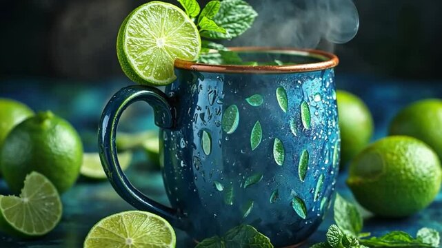 Refreshing Lime Mint Drink in a Blue Mug