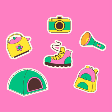 Vector set of bright and playful camping gear stickers on pink background. Includes tent, hiking boot, backpack, flashlight, kettle, and camera. Ideal for kids&rsquo; products, outdoor designs, travel merch