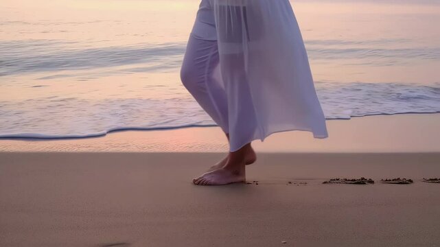 Bare feet trace cool sand at twilight, barefoot sand prints follow ebbing tide, pink sky glows while barefoot sand grains cushion steps, hush of waves guides barefoot sand wander. 