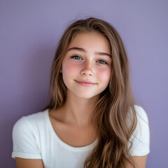 Fototapeta premium A radiant portrait of a smiling girl, capturing pure joy and natural beauty. Her expression reflects warmth, confidence, and positivity—perfectly freezing a happy moment in time.