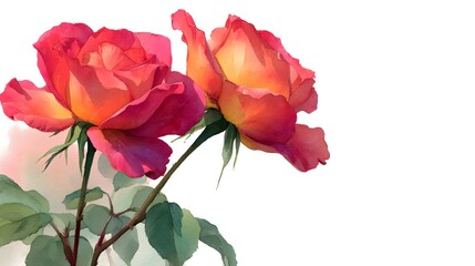 Fototapeta premium Two vibrant orange and red roses bloom beautifully together on a white background in a watercolor painting style.