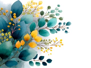A vibrant watercolor painting of teal and golden leaves and berries creates a beautiful corner design perfect for invitations or cards.
