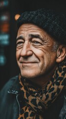 Obraz premium Smiling man with hat and patterned scarf, looking away
