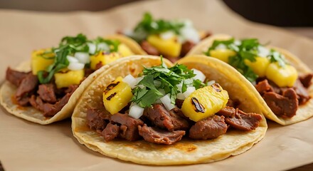 Traditional Mexican tacos al pastor with pineapple, onion and cilantro, laid out on parchment paper