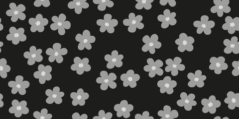 Dark gray mini flower  pattern in childish style. Monochrome doodle floral seamless pattern, design for fabric textile cover and background.
