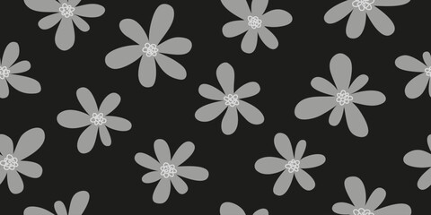 Monochrome gray floral pattern in childish style. Doodle flower seamless pattern, design for fabric textile cover and background.
