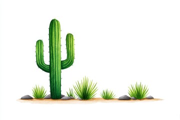 Desert Cactus Watercolor - A serene watercolor painting of a saguaro cactus in a desert landscape, symbolizing resilience, solitude, strength, survival, and the beauty of arid environments