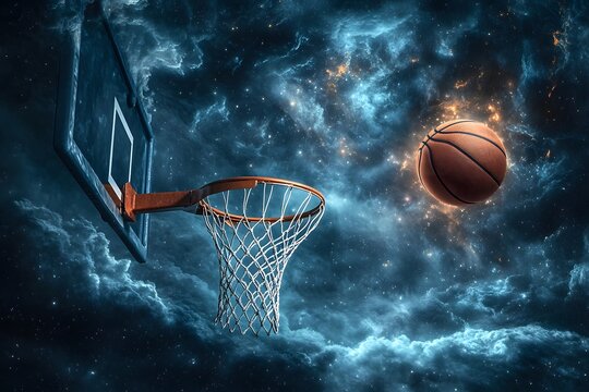 Basketball hoop and ball floating in a surreal nebula galaxy background - Powered by Adobe