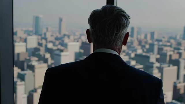 Businessman contemplates cityscape from highrise office window