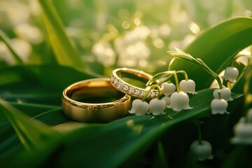 Two gold wedding rings nestle among lily of the valley flowers. Use this beautiful image for wedding announcements or related content.