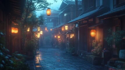 Old Kyoto Street with Hanging Lanterns at Night