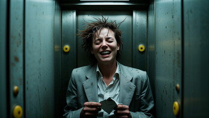 Businesswoman having a nervous breakdown in elevator, messy hair and torn document