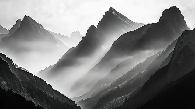 Mystical Mountain Range Embraced by Fog in Black and White Aesthetic Serenity