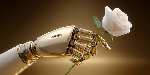 golden mech hand white rose: technological tenderness