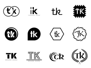TK logo company template. Letter t and k logotype. Set different classic serif lettering and modern bold text with design elements. Initial font typography.