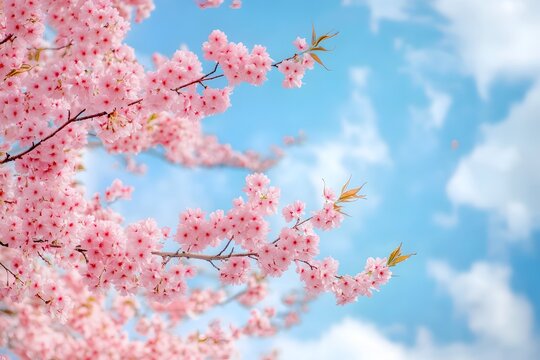 Beautiful cherry blossom branches displaying delicate pink flowers against a bright blue sky