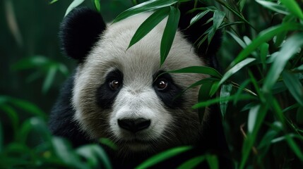 Fototapeta premium Giant panda peeking out from behind bamboo stalks, shy expression, 300mm lens isolating subject from forest backdrop