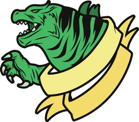 A green dinosaur is roaring