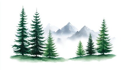 Serene Mountain Watercolor Landscape - Peaceful mountain vista, evergreen trees, misty peaks, tranquil nature, serene landscape. Symbolizing peace, tranquility, nature, serenity, escape