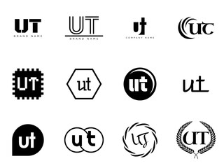 UT logo company template. Letter u and t logotype. Set different classic serif lettering and modern bold text with design elements. Initial font typography.