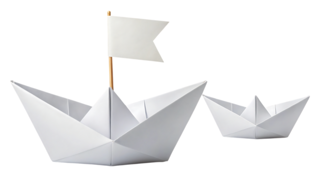 Two paper boats with flag isolated on transparent PNG background