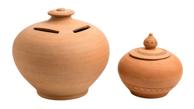 Terracotta piggy bank and storage jar on transparent PNG background